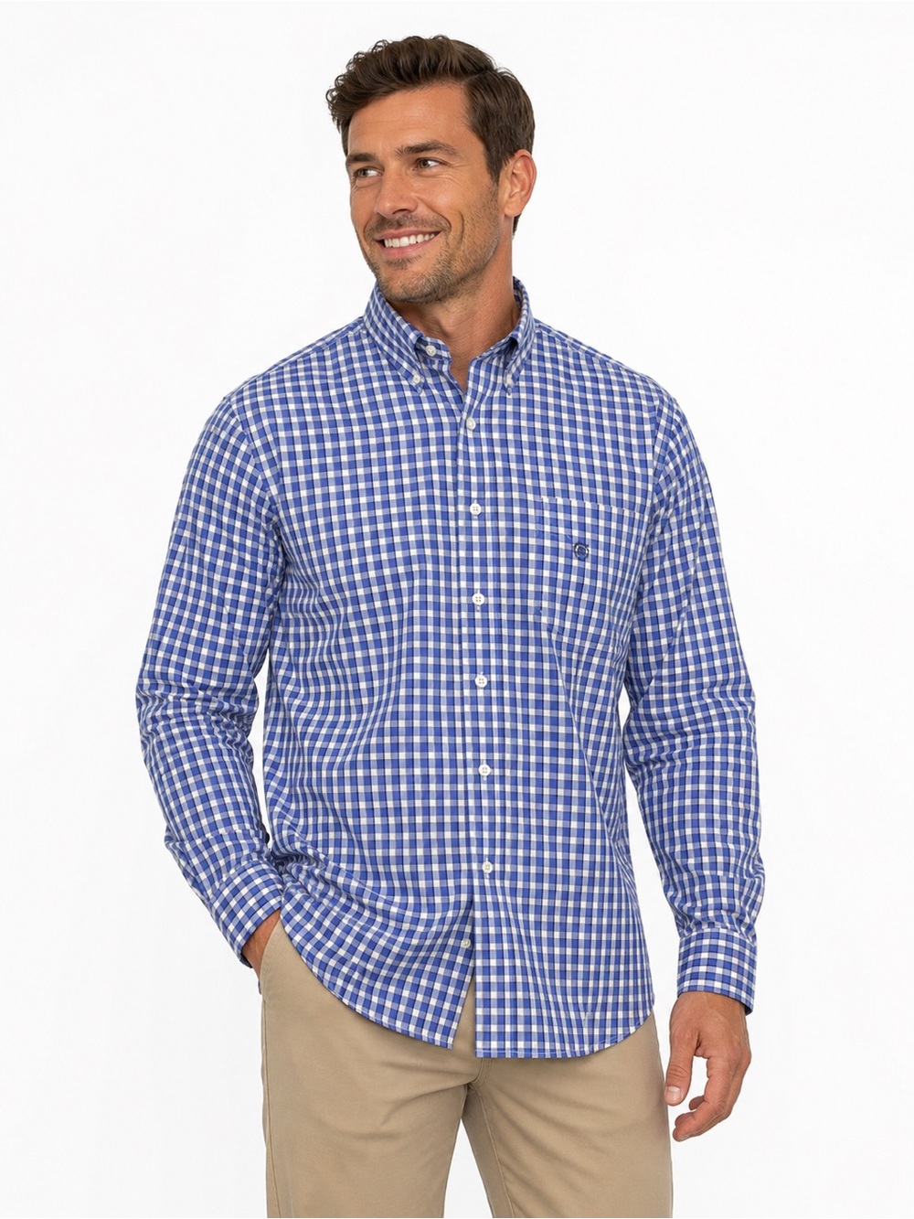 Chaps Blue and White Gingham Button-Down Shirt